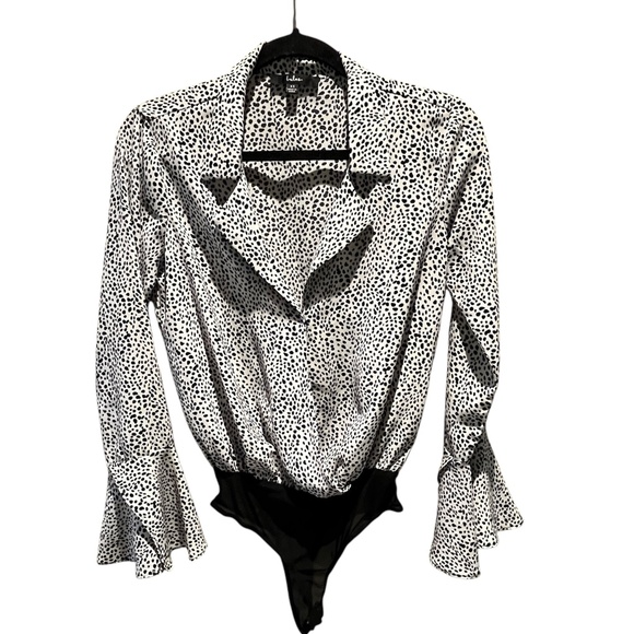 Always Lovely Ivory and Black Print Long Sleeve Bodysuit XS - Picture 5 of 11